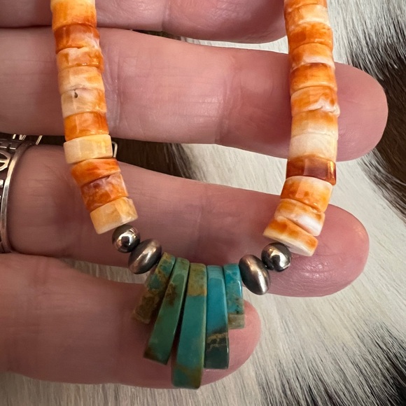 ❤️ Spiny Oyster Heishi Beads & 925 Desert Pearl Navajo Style Jacla Necklace 18” - Picture 12 of 14